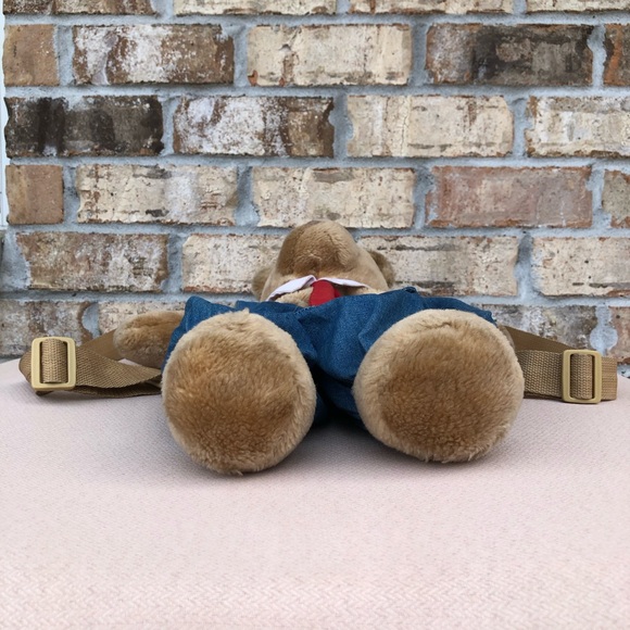Vintage Unisex Teddy Bear in overalls Red Tie Kids Teddy Plush Backpack - Picture 4 of 16